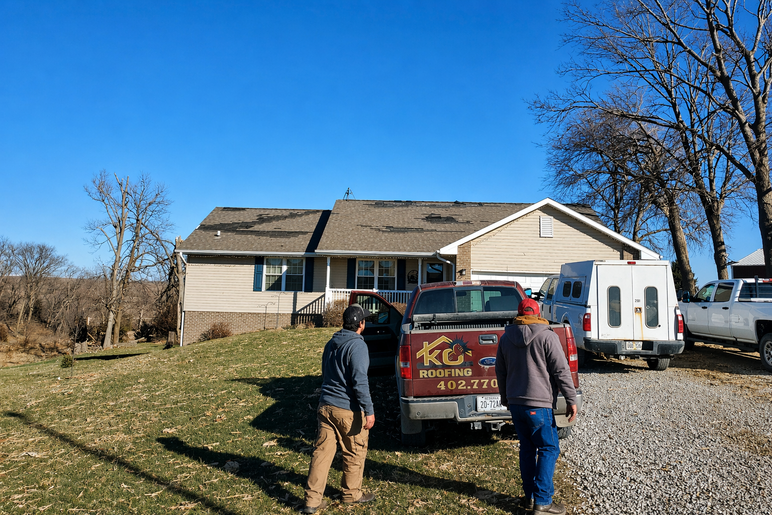 KO Roofing storm damage inspection with company truck at a local Nebraska home