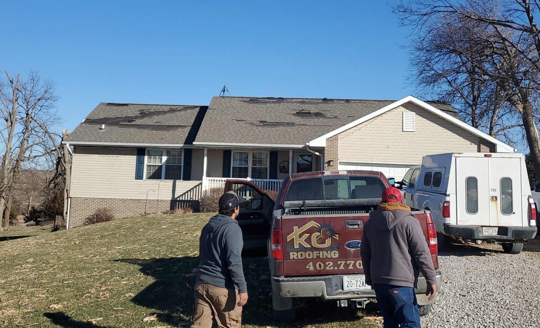 KO Roofing inspecting wind damage near Beaver Lake Nebraska