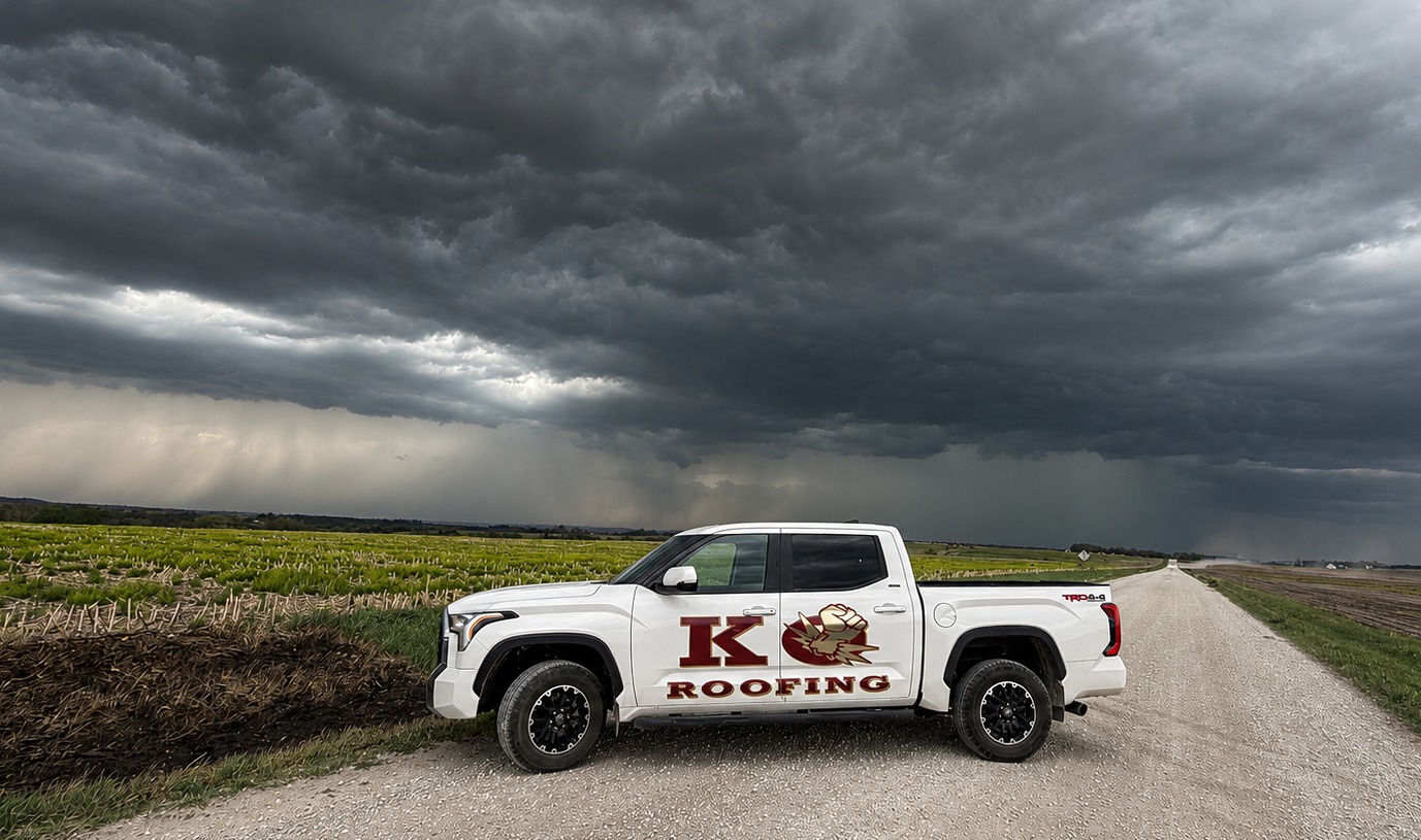 KO Roofing storm damage repair inspection truck near Plattsmouth Nebraska